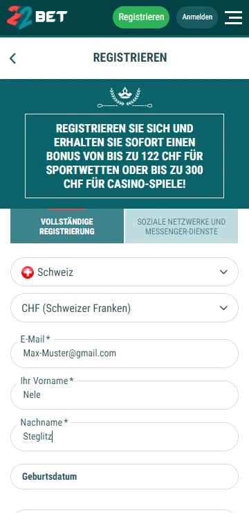 22bet Anmeldung 1