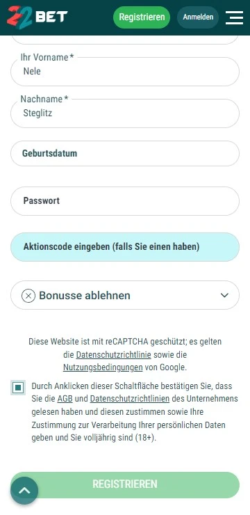 22bet Anmeldung 2